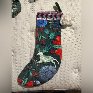 ANTHROPOLOGIE Velvet Celtic Stocking Green Reindeer Pom